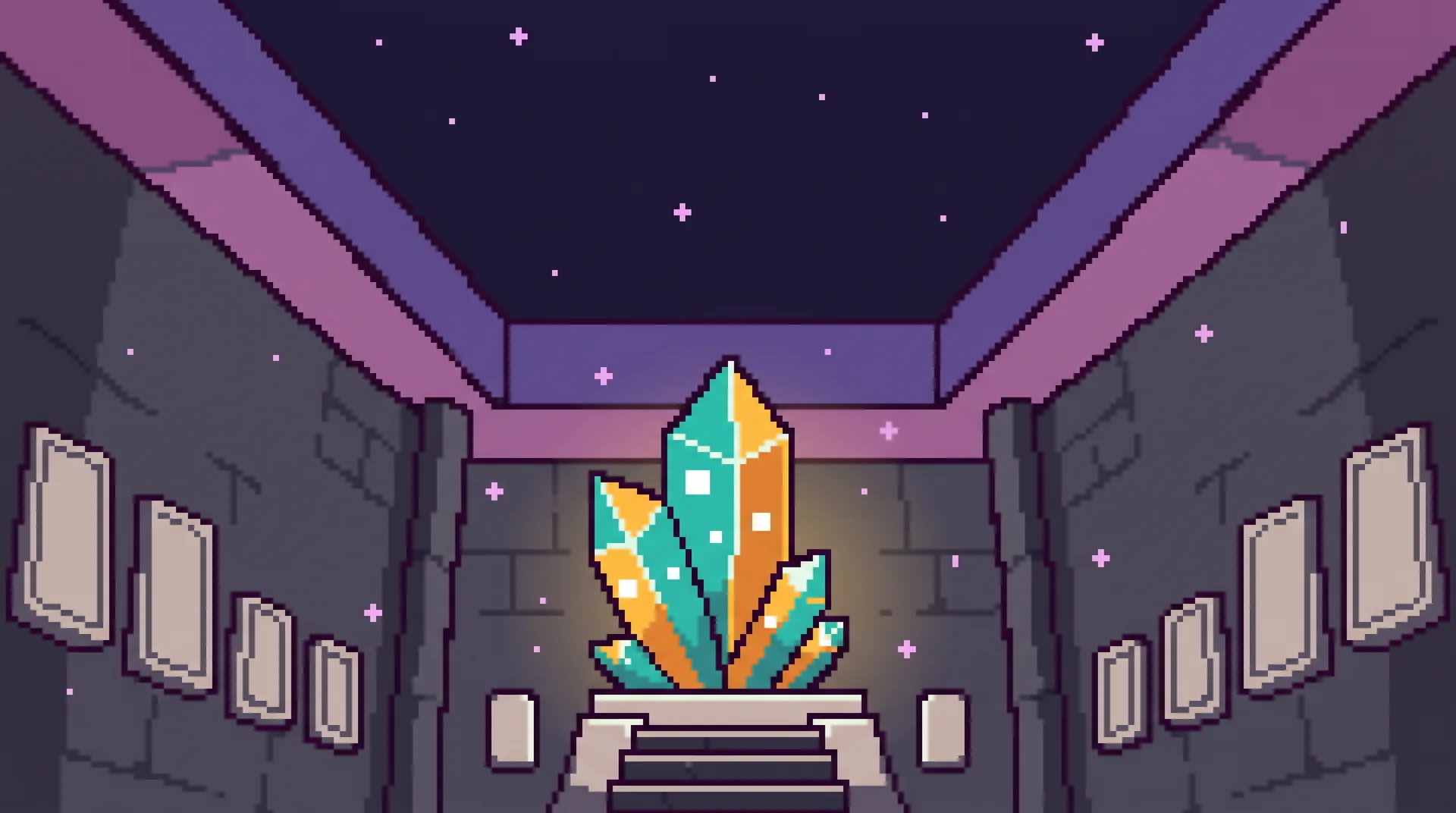 A tall stone hall with one large teal and gold crystal on a stepped pedestal and blank tablets on the walls
