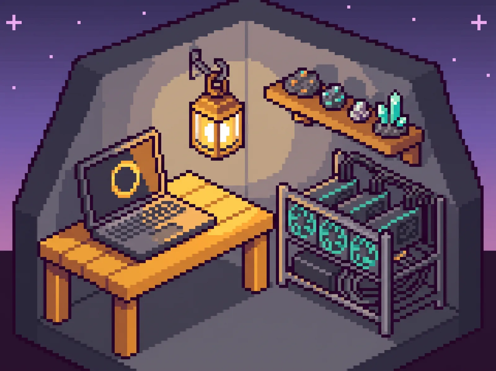 A small rock workshop with a laptop showing a gold ring and a mining rig with teal fans