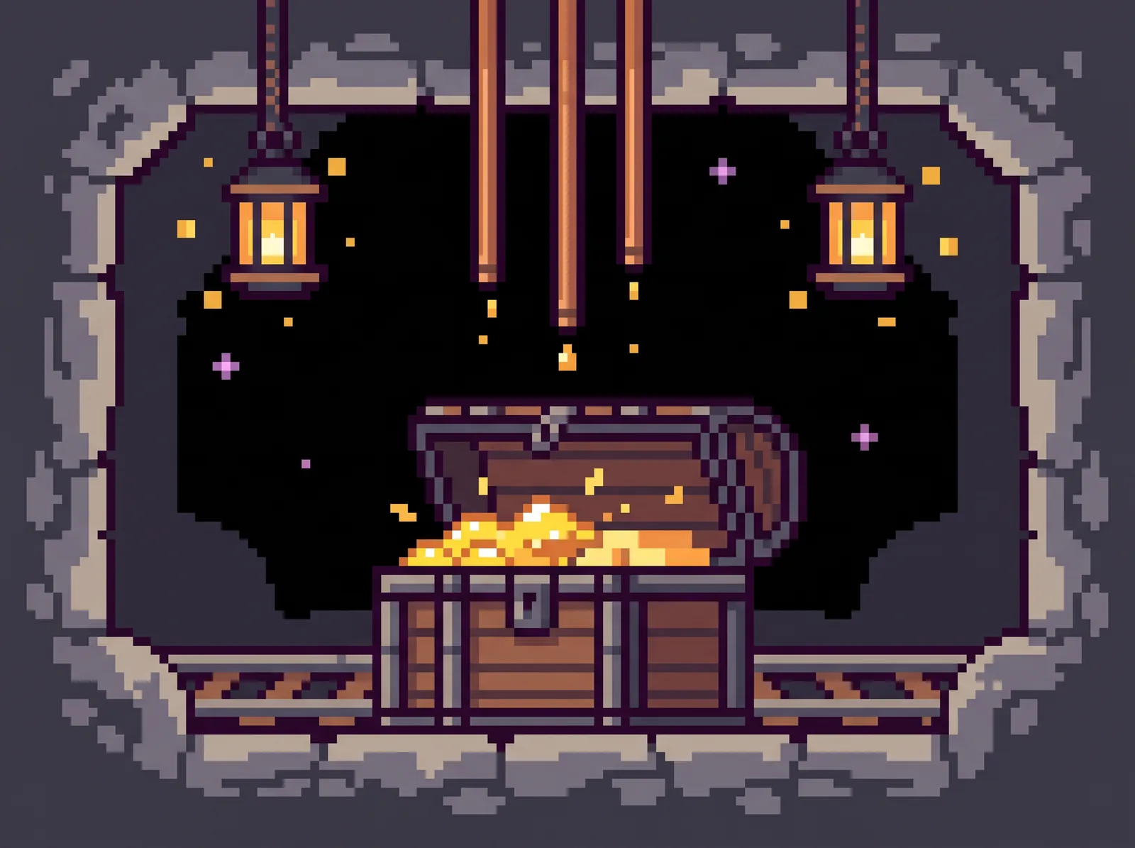 A strongbox in a lantern-lit chamber, filled with gold, with three pipes dripping more gold into it